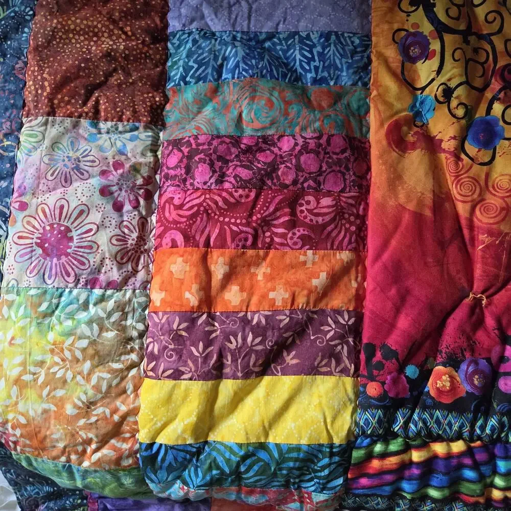 Handmade Batik Patchwork Throw Quilt – Tree of Life Center Panel – Colorful Art